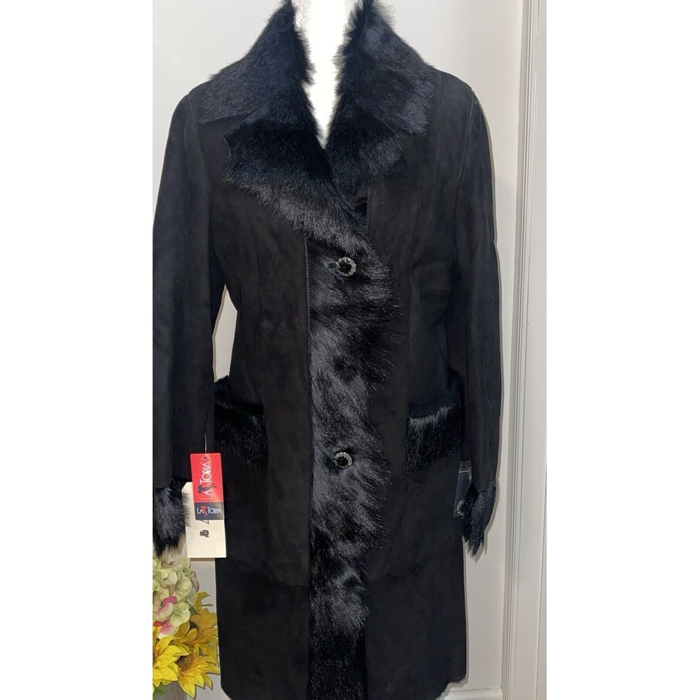 NWT VTG La Toria Lambskin Shearling/Wool Women's Blk Long Coat Sz L